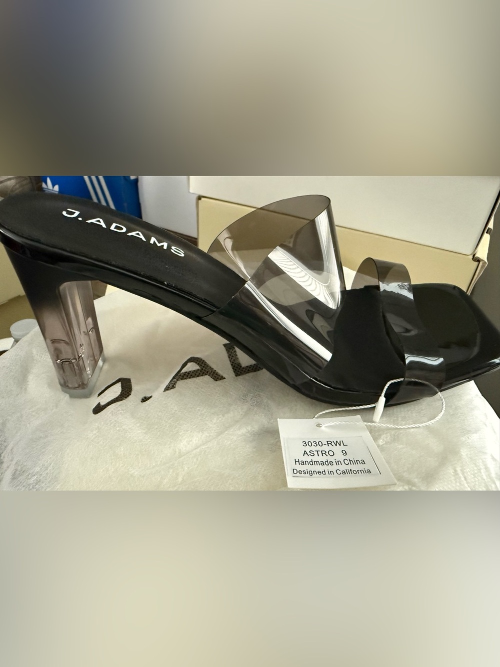 J. Adams Black Slide Heel with Clear Straps and Translucent Heel
